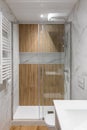 Shower zone with wooden finishing and glass door. Interior of modern refurbished bathroom Royalty Free Stock Photo