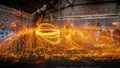 Showers of hot glowing sparks from spinning steel wool Royalty Free Stock Photo