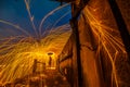 Showers of hot glowing sparks from spinning steel wool.