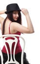 Showgirl woman dance in red corset chair isolated Royalty Free Stock Photo