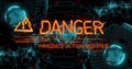 Showing amber triangle with DANGER and IMMEDIATE ACTION REQUIRED in cyberspace grid, with spheres Royalty Free Stock Photo