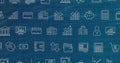 Showing bar chart line graph calculator icons repeating on blue grid, with floating data streams Royalty Free Stock Photo