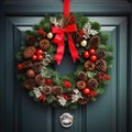 showing a beautiful Christmas wreath hanging on a front door Royalty Free Stock Photo