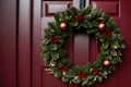 Showing a beautiful Christmas wreath hanging on a front door Royalty Free Stock Photo