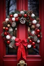 showing a beautiful Christmas wreath hanging on a front door Royalty Free Stock Photo