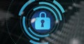 Showing blue padlock icon hovering over security interface, with UI arcs and binary code streams Royalty Free Stock Photo