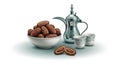 Bowl of Dates with Arabic Coffee Pot and Two Small Cups on a White Background (218 Royalty Free Stock Photo