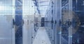 Showing central aisle running through high-tech data center, with server racks and digital overlays Royalty Free Stock Photo