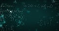 Showing chalkboard featuring trigonometric equations, glowing orbitals, summation notation in lab Royalty Free Stock Photo