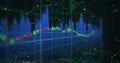 Showing chart red green candlesticks blue graph on dashboard with network overlay numeric labels Royalty Free Stock Photo