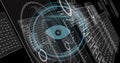 Showing circular eye icon and concentric rings hovering in data interface, with floating panels Royalty Free Stock Photo