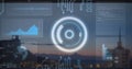 Showing circular HUD overlaying city skyline at dusk, displaying line chart, waveform, code snippet Royalty Free Stock Photo