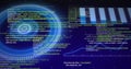 Showing circular HUD overlaying code editor console output on glowing screen grid with particles Royalty Free Stock Photo