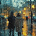 Showing a closeup of raindrops on the window, with blurred figures in the background, creating an atmosphere of sadness and d Royalty Free Stock Photo