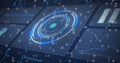 Showing concentric circular HUD element rotating at digital dashboard, with streaming binary digits Royalty Free Stock Photo