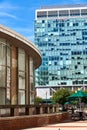 Showing the contrast between round and a rectilinear buildings on the Columbia University Morningside Campus Royalty Free Stock Photo