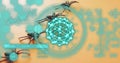 Showing cyan network HUD overlaying closeup brown spiders on lab bench, with hex-grid ruler Royalty Free Stock Photo