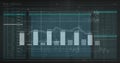 Showing dashboard overlaying bar chart and line graph at data terminal, code windows waveform plot Royalty Free Stock Photo