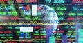 Showing digital globe mapping data on trading dashboard, with ticker symbols, charts and waveforms Royalty Free Stock Photo