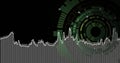 Showing digital interface with white equalizer bars and jagged waveform on black, green HUD rings Royalty Free Stock Photo