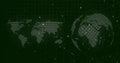 Showing dotted globe spinning over dark green grid, with flat world map glowing points, copy space Royalty Free Stock Photo