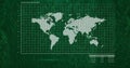 Showing dotted world map in white grid frame, showing tick marks and readout on dark-green backdrop Royalty Free Stock Photo