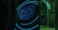 Showing envelope icon overlay floating in data center with server racks network cables circular HUD Royalty Free Stock Photo