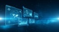 Futuristic digital interface displaying map, cloud migration, and data charts with glowing blue light and bokeh effects Royalty Free Stock Photo