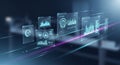 Futuristic Digital Interface Showing Financial Charts and Data Analytics with Glowing Neon Lines and Abstract Background Royalty Free Stock Photo