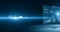 Futuristic digital interface with glowing blue waveforms and data charts on a transparent screen with a robotic hand Royalty Free Stock Photo