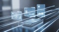 Futuristic digital interface with glowing transparent screens displaying charts and data floating above a tablet on a Royalty Free Stock Photo