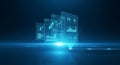 Futuristic digital interface projecting from a smartphone displaying analytics and user data with bright blue light Royalty Free Stock Photo