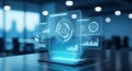 Futuristic holographic interface displaying financial charts and data analytics projected from a digital tablet in a Royalty Free Stock Photo