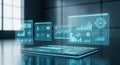 Futuristic holographic interface displaying financial charts graphs and data analytics on transparent screens above a Royalty Free Stock Photo