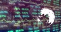 Showing globe silhouette overlaying data screen, map highlighting tickers, charts and percentages Royalty Free Stock Photo