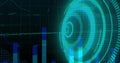 Showing glowing concentric circular interface pulsing on digital panel, with bar chart columns Royalty Free Stock Photo