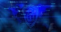 Showing glowing dotted shield enclosing padlock icon on digital panel with world map, data graphs Royalty Free Stock Photo