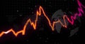 Showing glowing jagged line chart shifting orange to pink on grid, with global silhouettes, markers Royalty Free Stock Photo