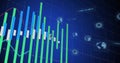 Showing green, blue bars, candlesticks rising on blue grid panel, with red trend line and icons Royalty Free Stock Photo