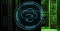 Showing holographic cloud sync icon hovering above servers in data center, with network cables Royalty Free Stock Photo