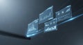 Holographic digital interface displaying financial charts and data analytics with glowing blue light streams Royalty Free Stock Photo