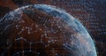 Showing holographic Earth globe in virtual space, displaying network nodes, hex grid, data streams Royalty Free Stock Photo