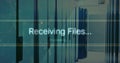 Showing holographic Receiving Files Processing over dim data center aisle, server racks, LEDs Royalty Free Stock Photo