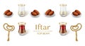 Iftar meal setup with dates, tea glasses, and prayer beads on a white background with text Iftar BEAM Royalty Free Stock Photo