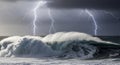 Intense Ocean Storm with Crashing Waves and Multiple Lightning Strikes in Dark Sky Royalty Free Stock Photo
