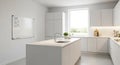 Modern White Kitchen with Island Sink and Large Window Overlooking Green Landscape (590 Royalty Free Stock Photo