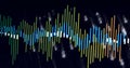 Showing multicolored vertical bars oscillating on dark data interface, with floating binary digits Royalty Free Stock Photo