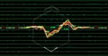 Showing multicolored waveform undulating on screen, neon green grid, hex overlay and numeric labels Royalty Free Stock Photo