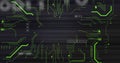 Showing neon green circuit traces and nodes covering interface panel with shapes and binary digits Royalty Free Stock Photo