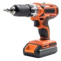 Orange and Black Cordless Power Drill with Battery on White Background Keywords: power drill Royalty Free Stock Photo
